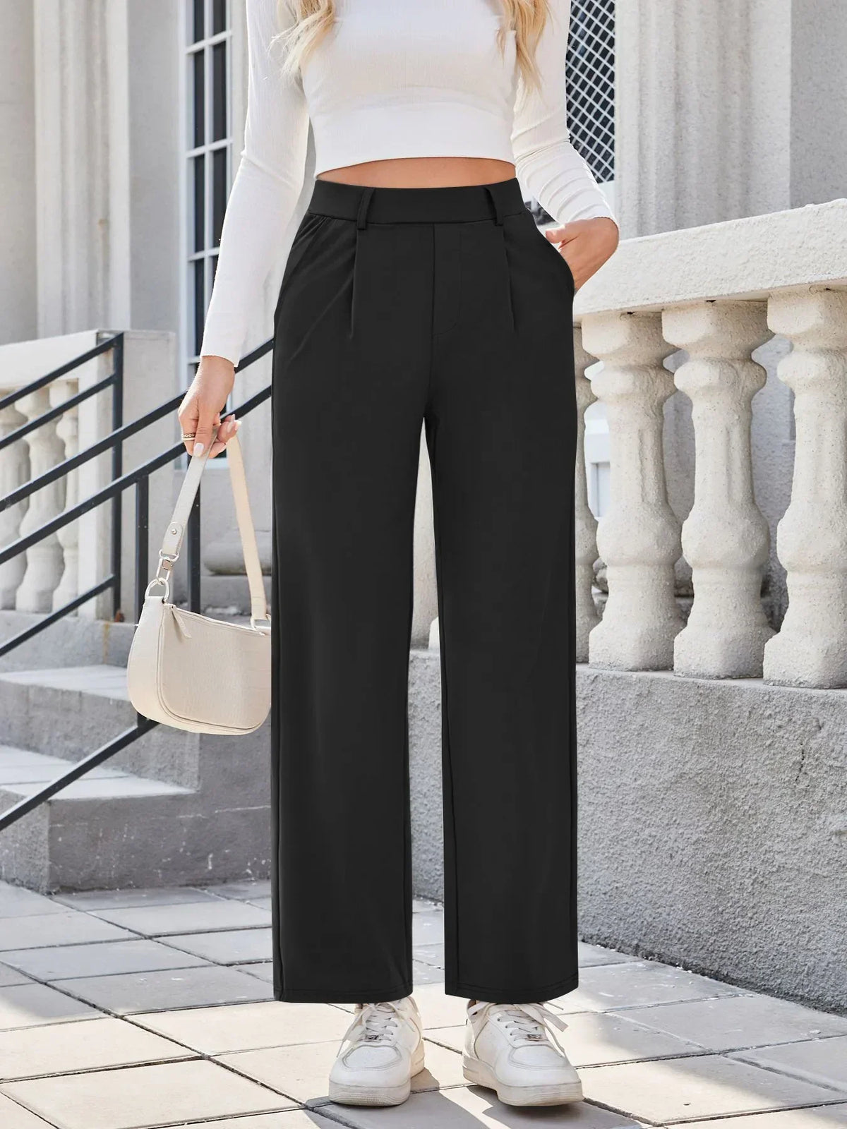 Womens Straight Leg Pants with Elastic Waistband and Side Pockets in High Stretch Nylon