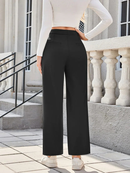 Womens Straight Leg Pants with Elastic Waistband and Side Pockets in High Stretch Nylon