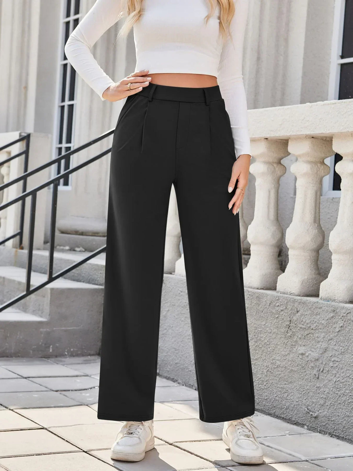 Womens Straight Leg Pants with Elastic Waistband and Side Pockets in High Stretch Nylon