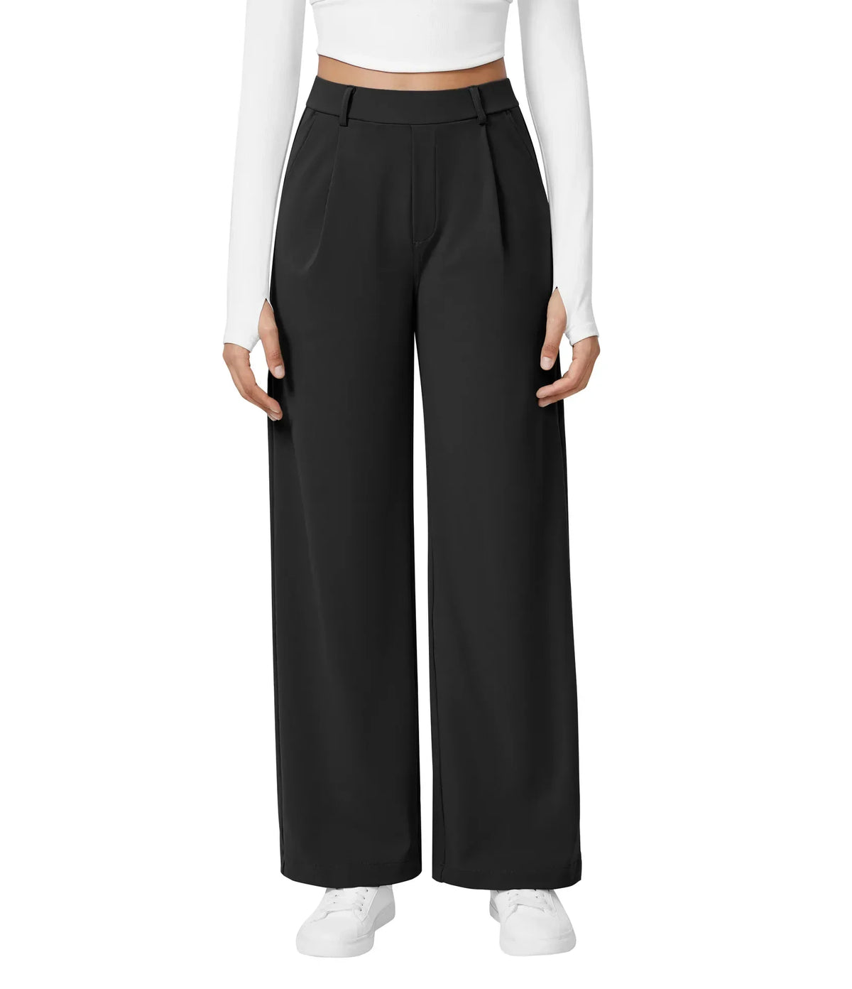 Womens Straight Leg Pants with Elastic Waistband and Side Pockets in High Stretch Nylon