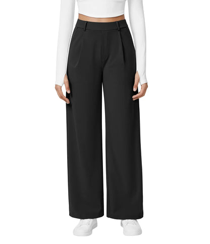 Womens Straight Leg Pants with Elastic Waistband and Side Pockets in High Stretch Nylon