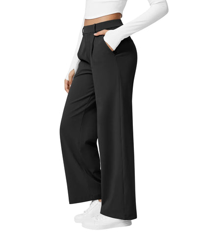 Womens Straight Leg Pants with Elastic Waistband and Side Pockets in High Stretch Nylon