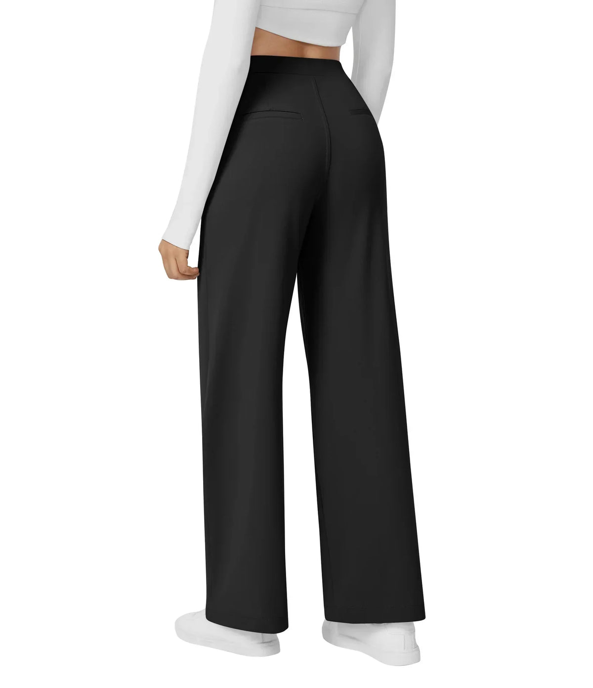 Womens Straight Leg Pants with Elastic Waistband and Side Pockets in High Stretch Nylon