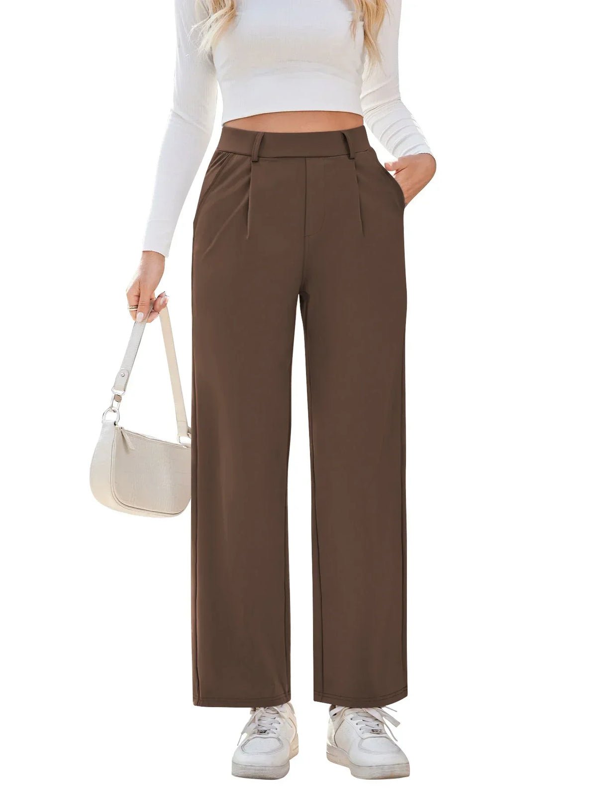 Womens Straight Leg Pants with Elastic Waistband and Side Pockets in High Stretch Nylon