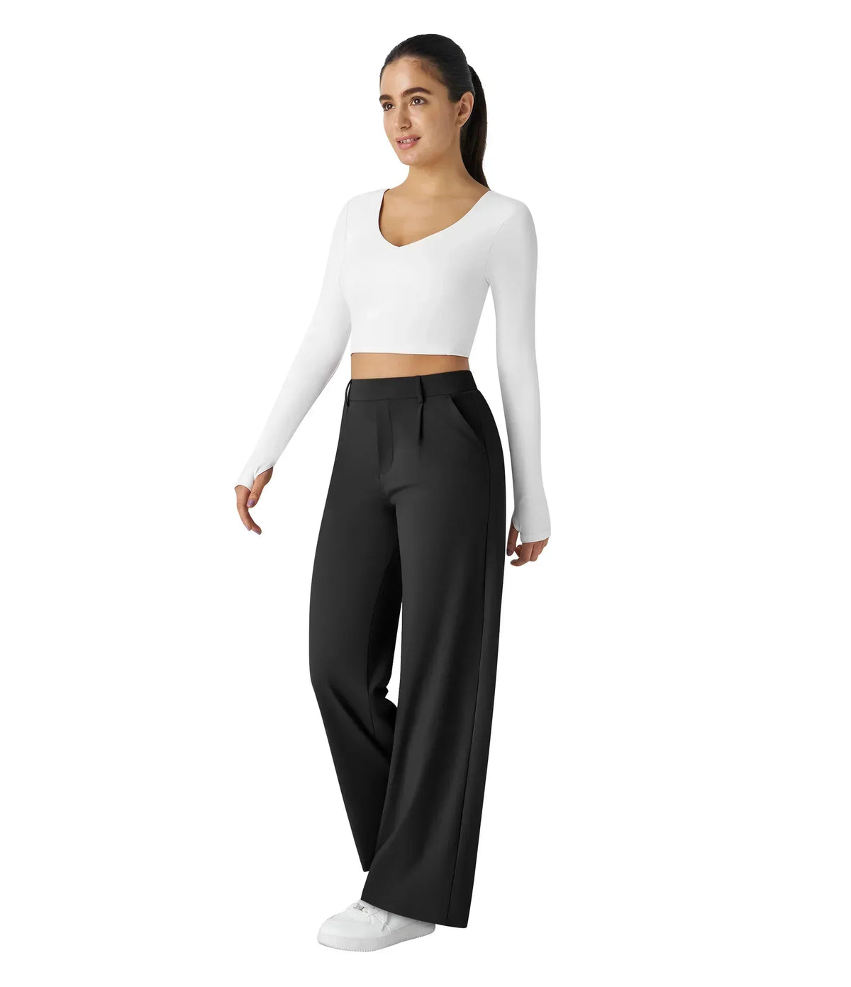 Womens Straight Leg Pants with Elastic Waistband and Side Pockets in High Stretch Nylon