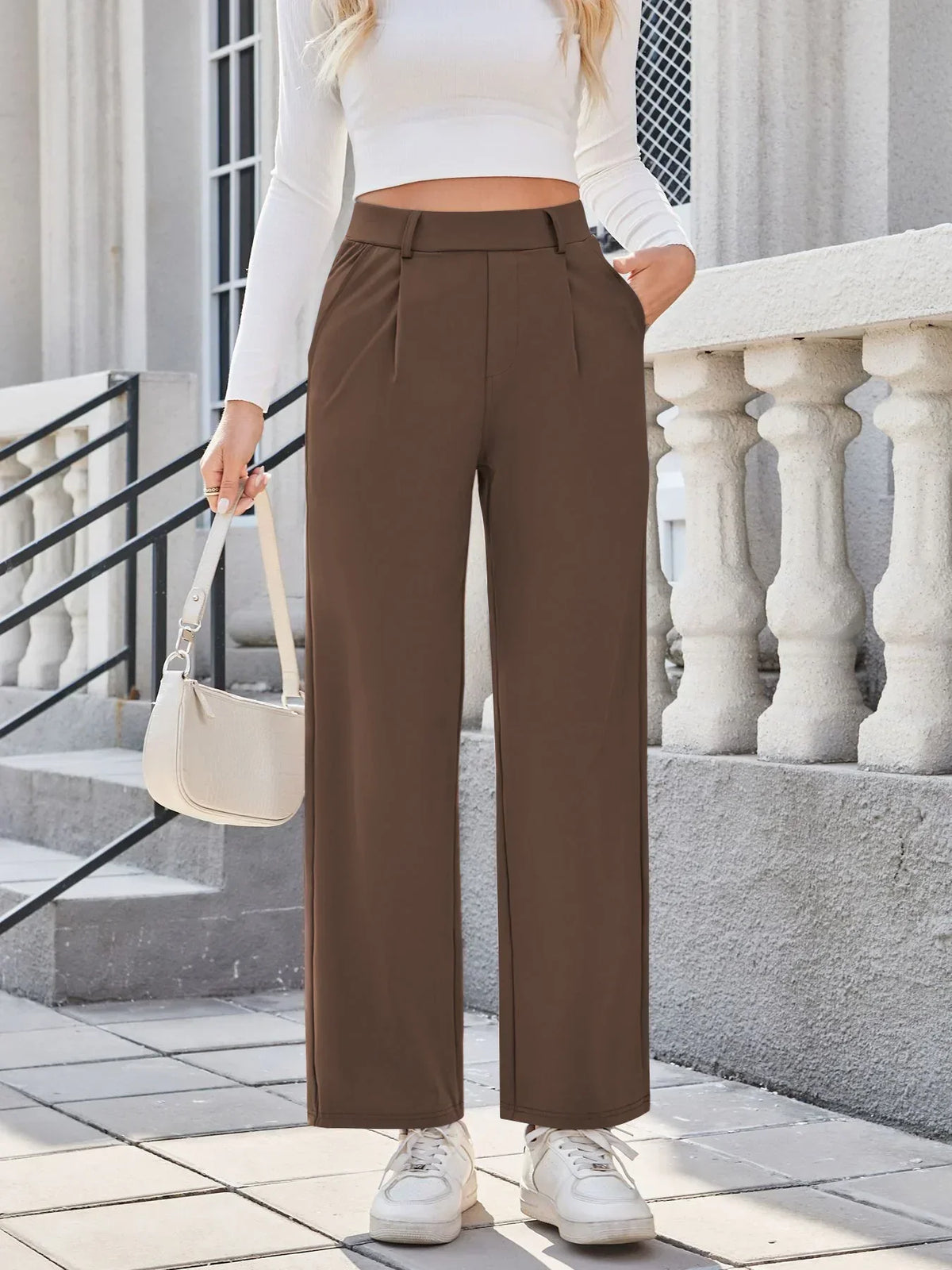 Womens Straight Leg Pants with Elastic Waistband and Side Pockets in High Stretch Nylon