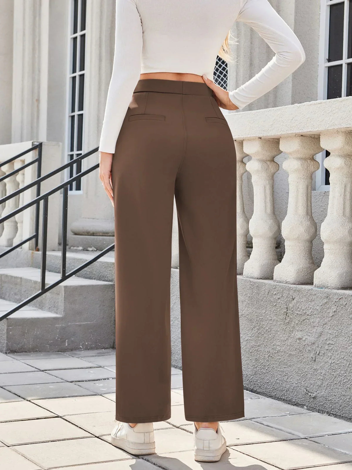 Womens Straight Leg Pants with Elastic Waistband and Side Pockets in High Stretch Nylon