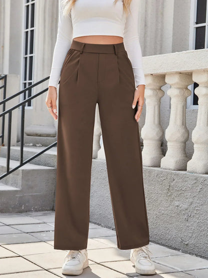 Womens Straight Leg Pants with Elastic Waistband and Side Pockets in High Stretch Nylon