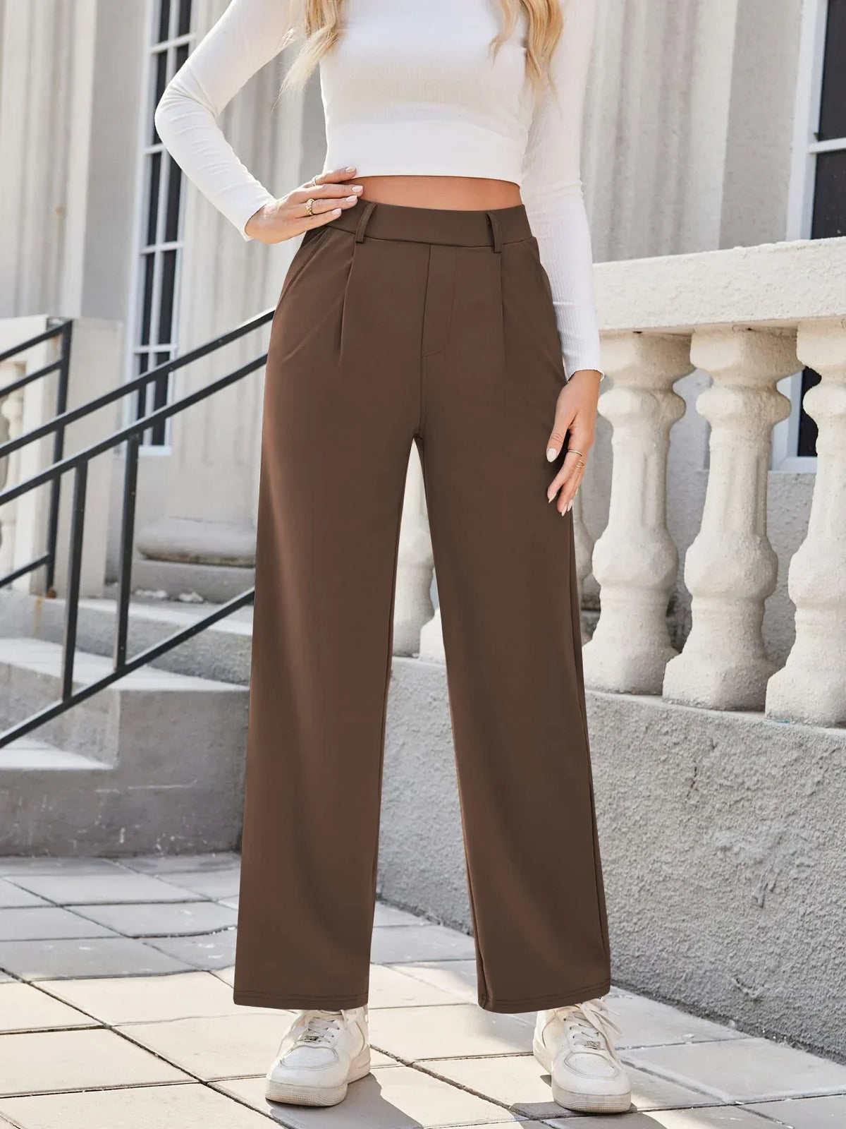 Womens Straight Leg Pants with Elastic Waistband and Side Pockets in High Stretch Nylon