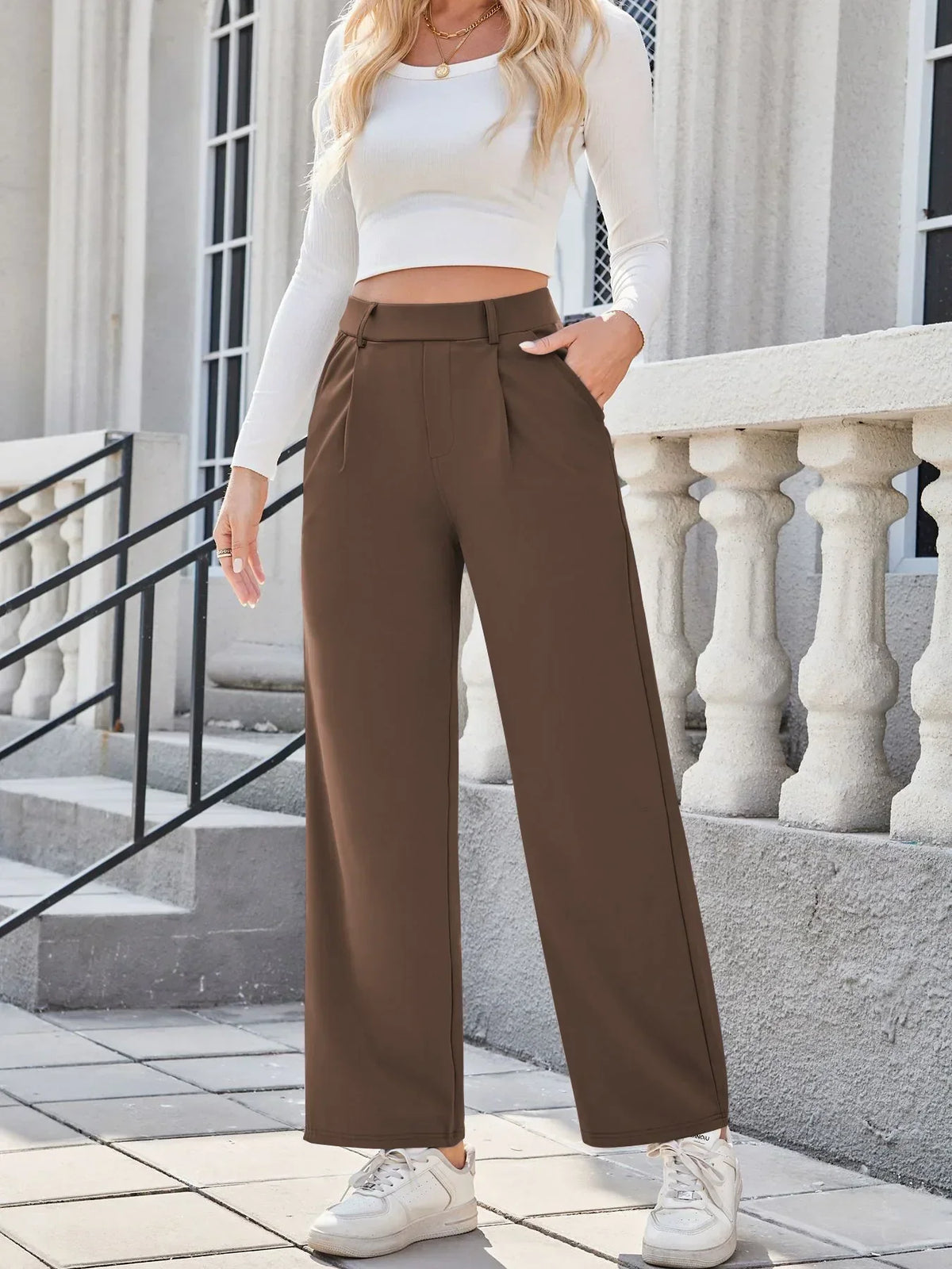 Womens Straight Leg Pants with Elastic Waistband and Side Pockets in High Stretch Nylon
