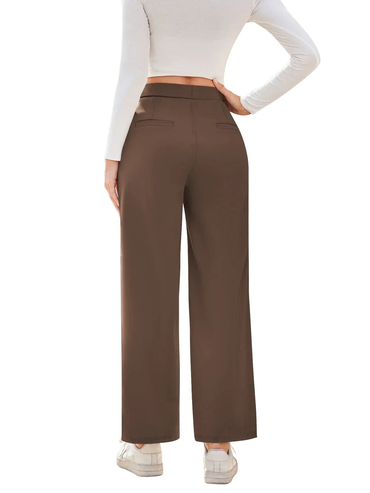Womens Straight Leg Pants with Elastic Waistband and Side Pockets in High Stretch Nylon
