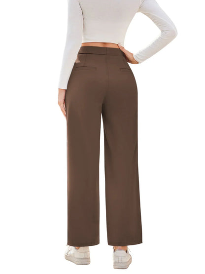 Womens Straight Leg Pants with Elastic Waistband and Side Pockets in High Stretch Nylon