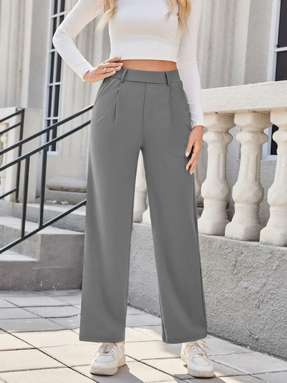 Womens Straight Leg Pants with Elastic Waistband and Side Pockets in High Stretch Nylon