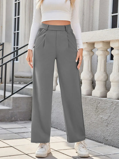 Womens Straight Leg Pants with Elastic Waistband and Side Pockets in High Stretch Nylon