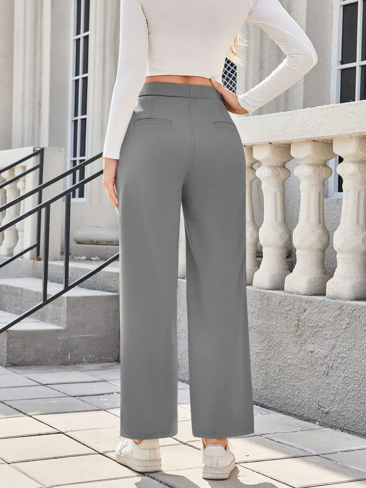 Womens Straight Leg Pants with Elastic Waistband and Side Pockets in High Stretch Nylon