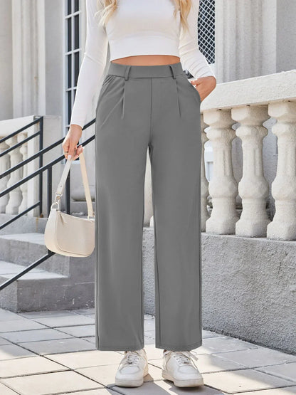 Womens Straight Leg Pants with Elastic Waistband and Side Pockets in High Stretch Nylon
