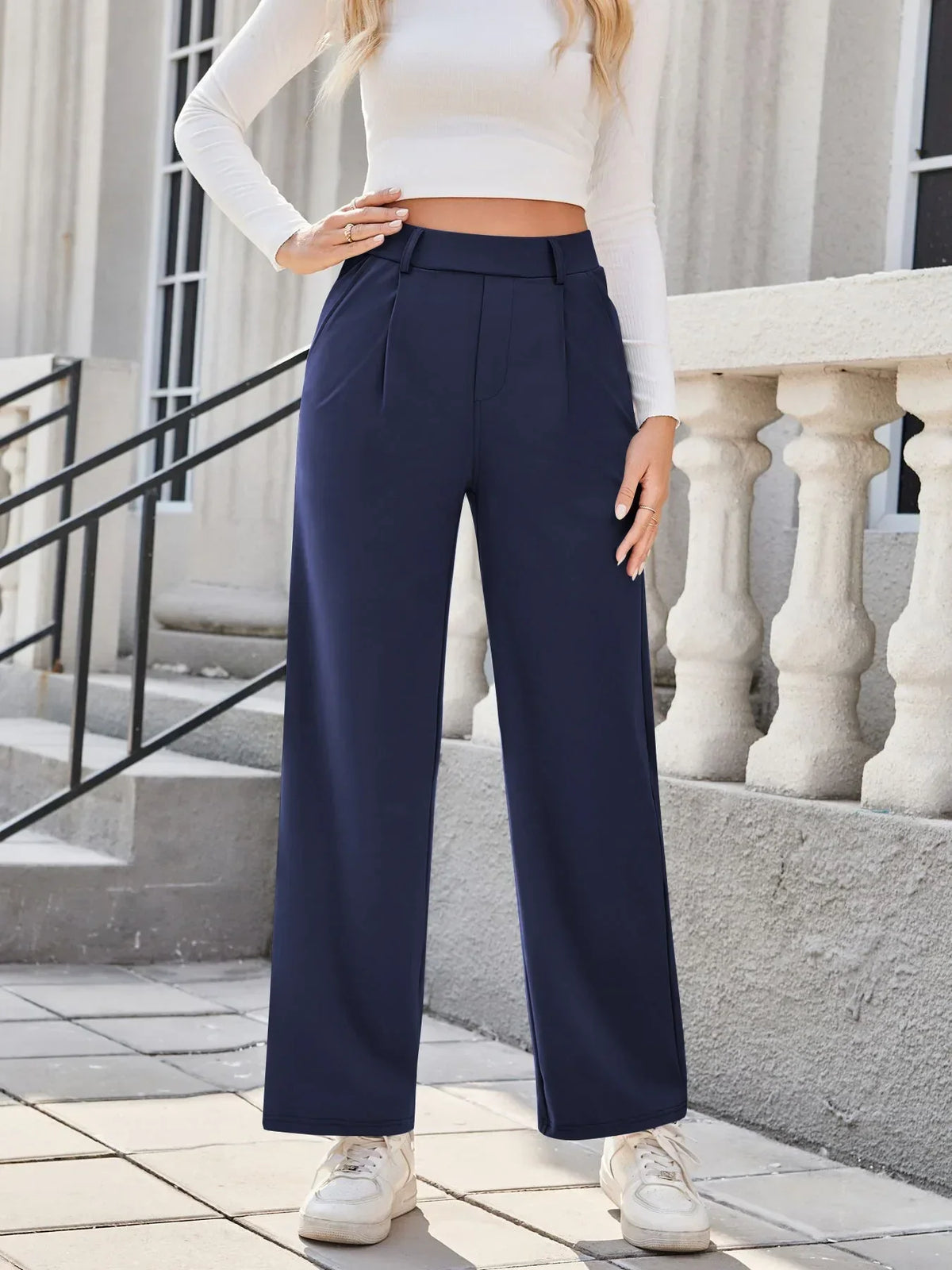 Womens Straight Leg Pants with Elastic Waistband and Side Pockets in High Stretch Nylon
