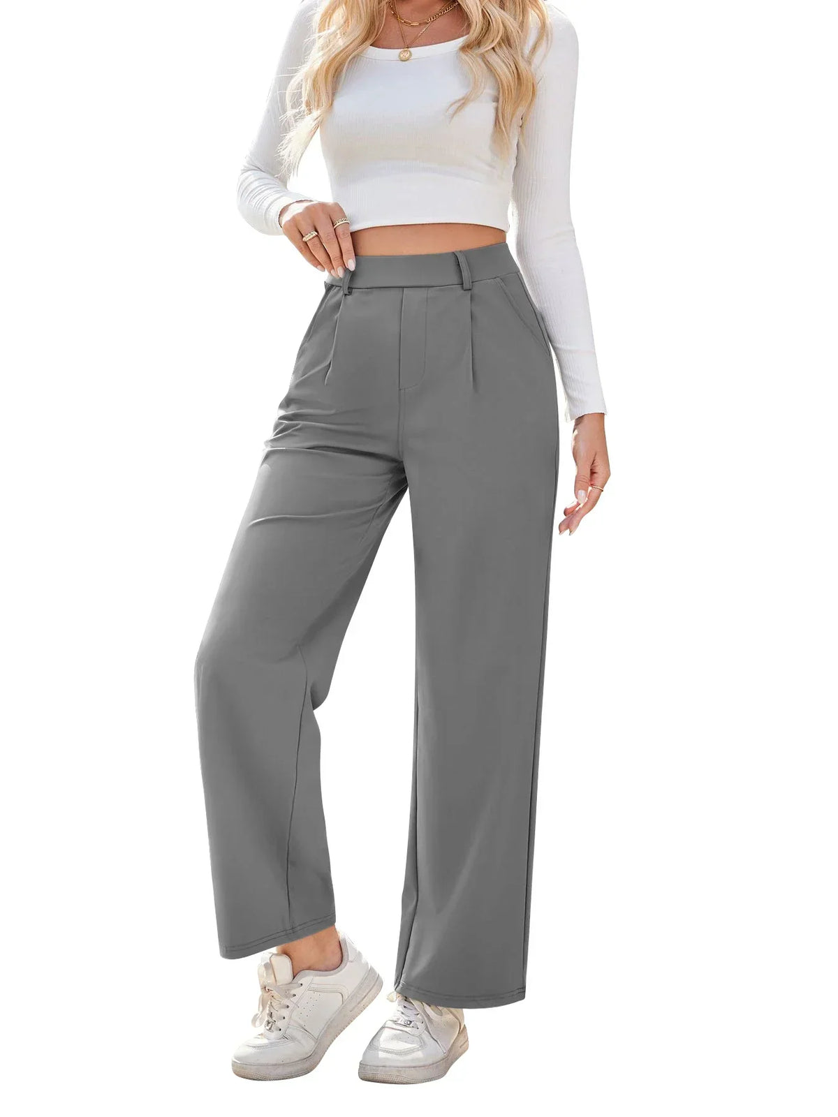 Womens Straight Leg Pants with Elastic Waistband and Side Pockets in High Stretch Nylon