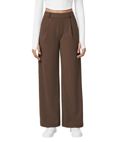 Womens Straight Leg Pants with Elastic Waistband and Side Pockets in High Stretch Nylon