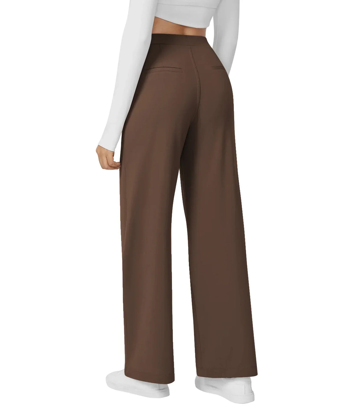 Womens Straight Leg Pants with Elastic Waistband and Side Pockets in High Stretch Nylon