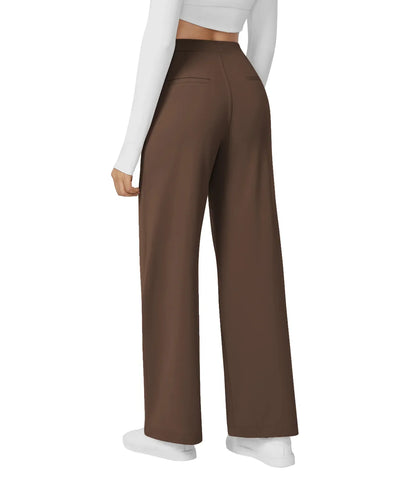 Womens Straight Leg Pants with Elastic Waistband and Side Pockets in High Stretch Nylon