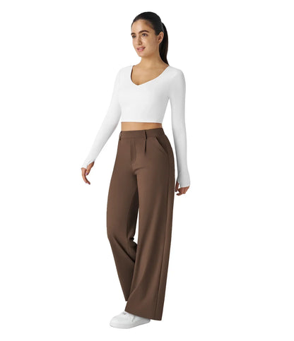 Womens Straight Leg Pants with Elastic Waistband and Side Pockets in High Stretch Nylon