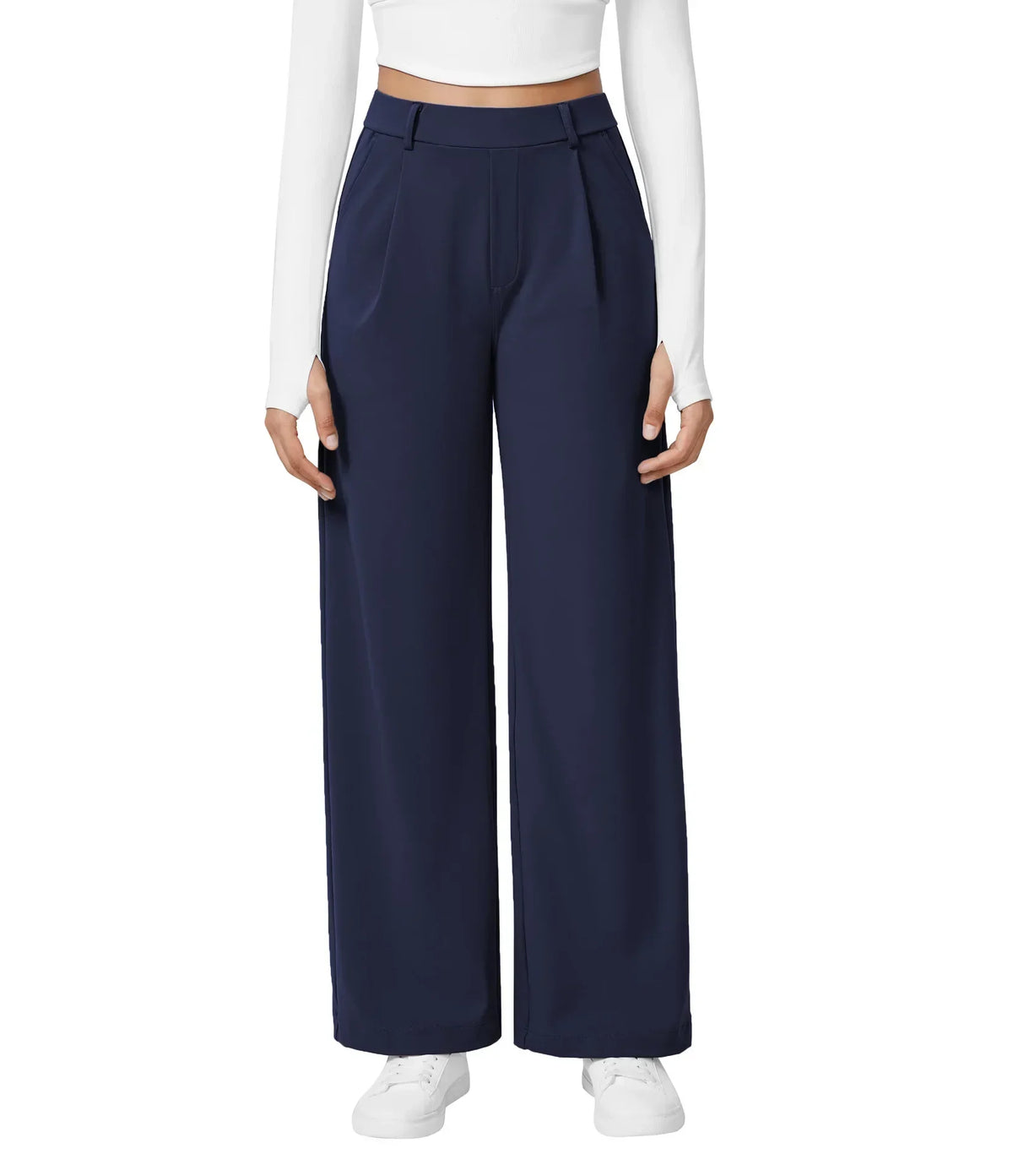 Womens Straight Leg Pants with Elastic Waistband and Side Pockets in High Stretch Nylon