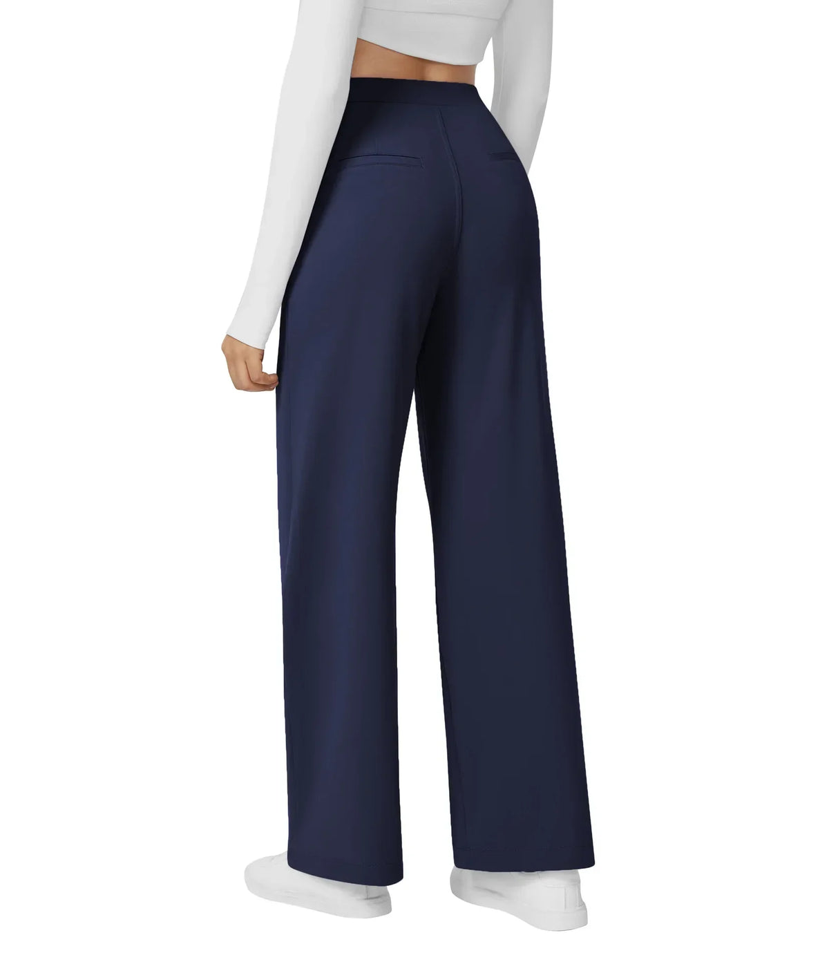 Womens Straight Leg Pants with Elastic Waistband and Side Pockets in High Stretch Nylon