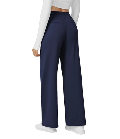 Womens Straight Leg Pants with Elastic Waistband and Side Pockets in High Stretch Nylon