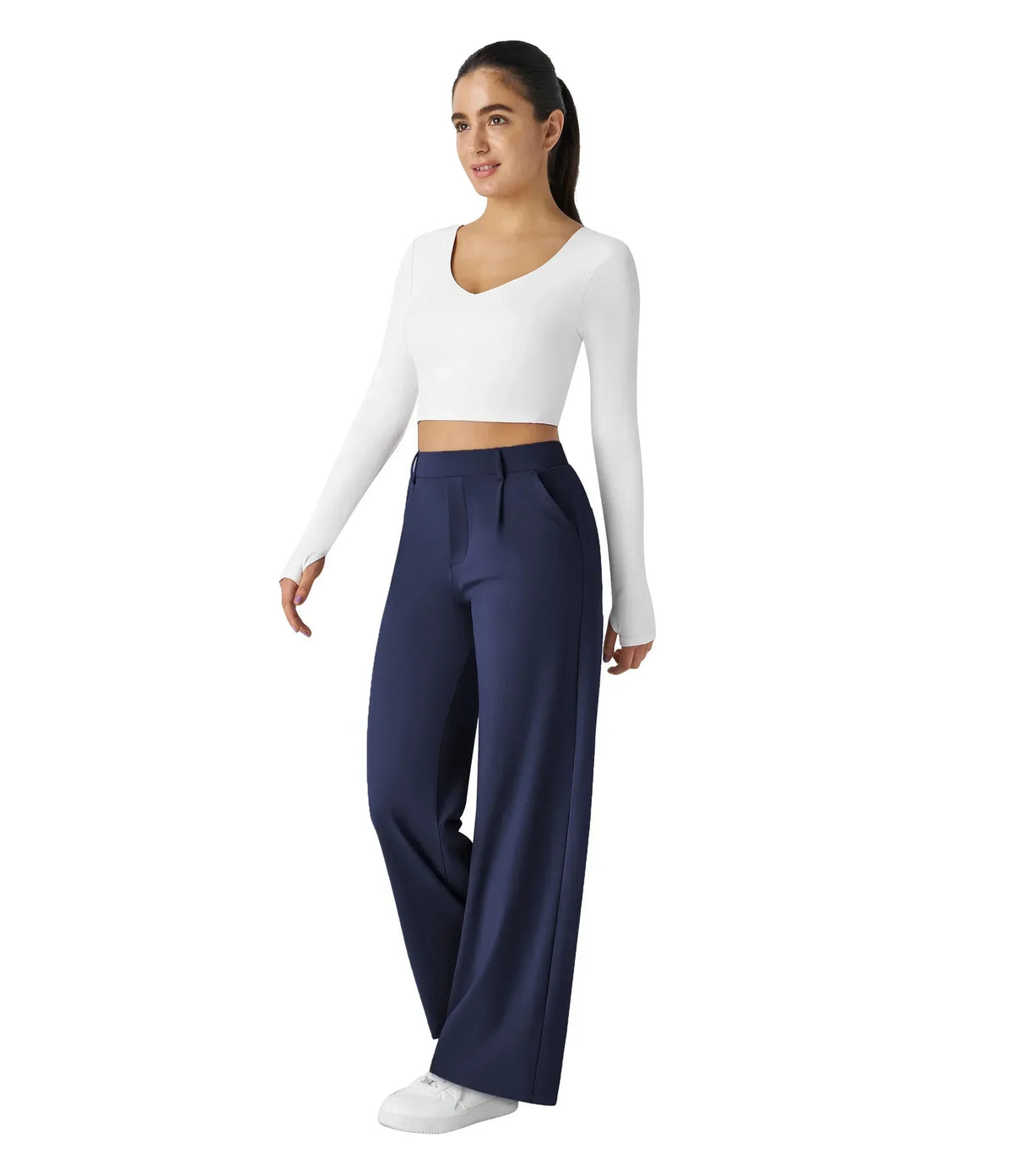 Womens Straight Leg Pants with Elastic Waistband and Side Pockets in High Stretch Nylon