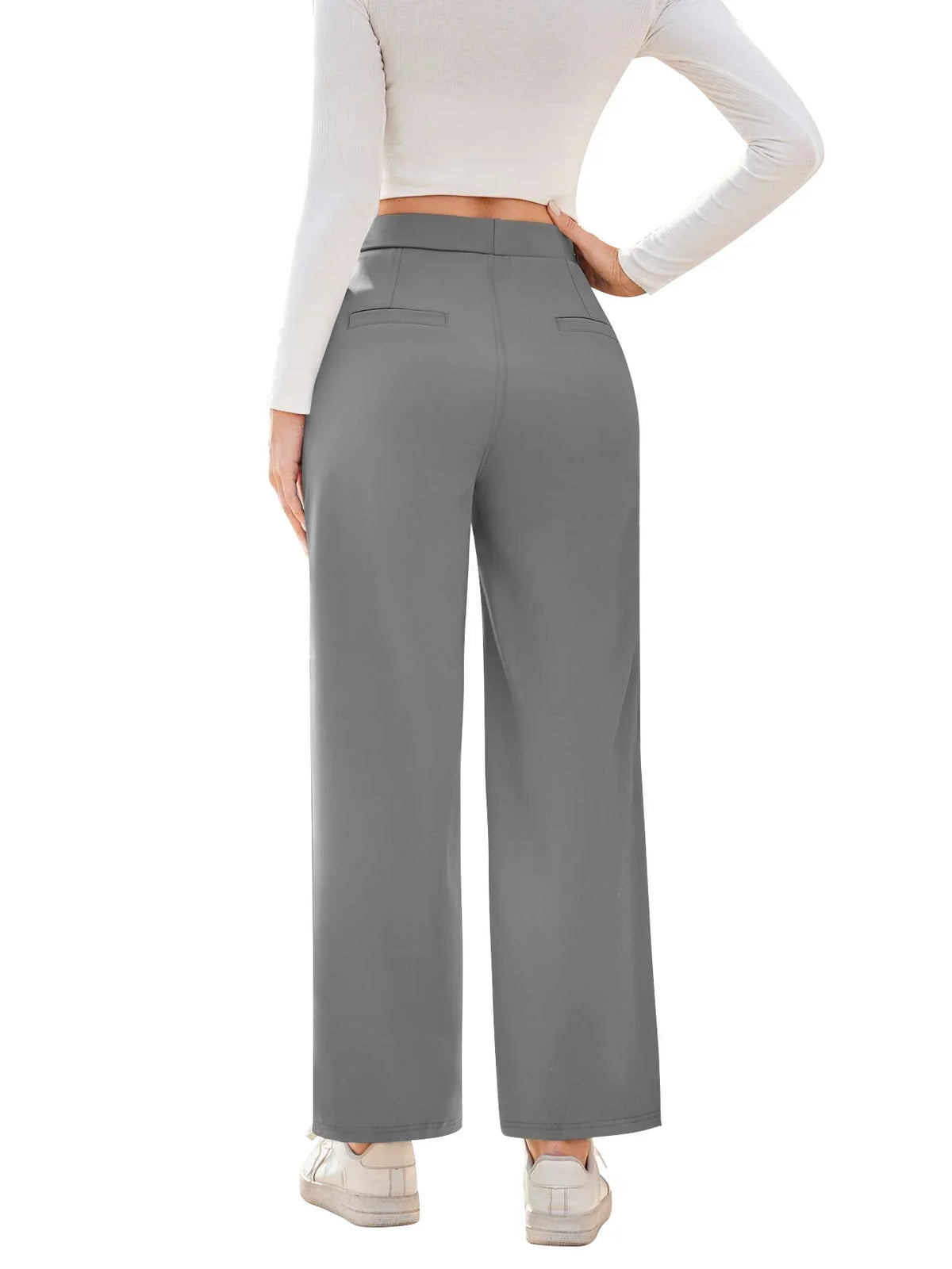 Womens Straight Leg Pants with Elastic Waistband and Side Pockets in High Stretch Nylon