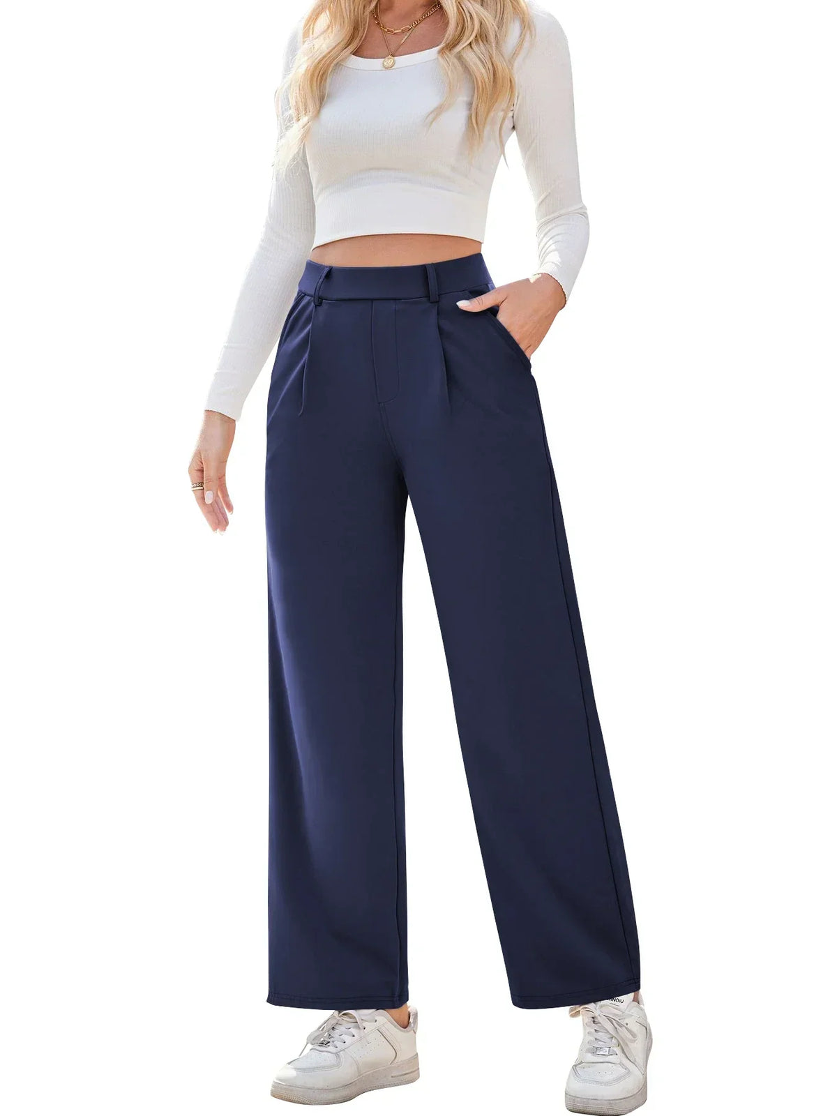 Womens Straight Leg Pants with Elastic Waistband and Side Pockets in High Stretch Nylon