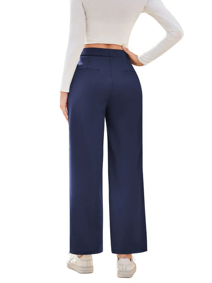 Womens Straight Leg Pants with Elastic Waistband and Side Pockets in High Stretch Nylon