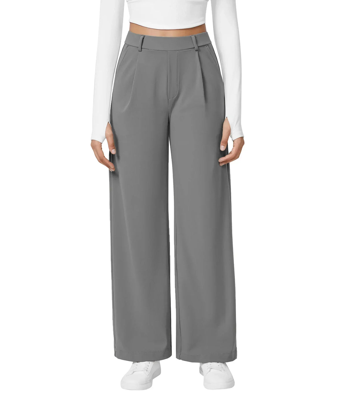 Womens Straight Leg Pants with Elastic Waistband and Side Pockets in High Stretch Nylon