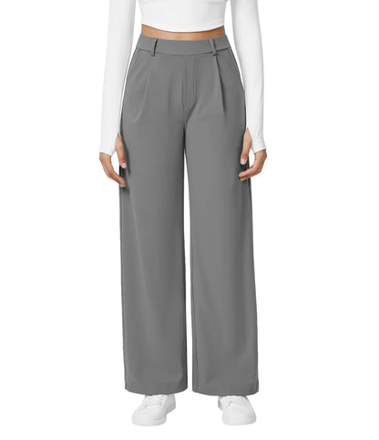 Womens Straight Leg Pants with Elastic Waistband and Side Pockets in High Stretch Nylon