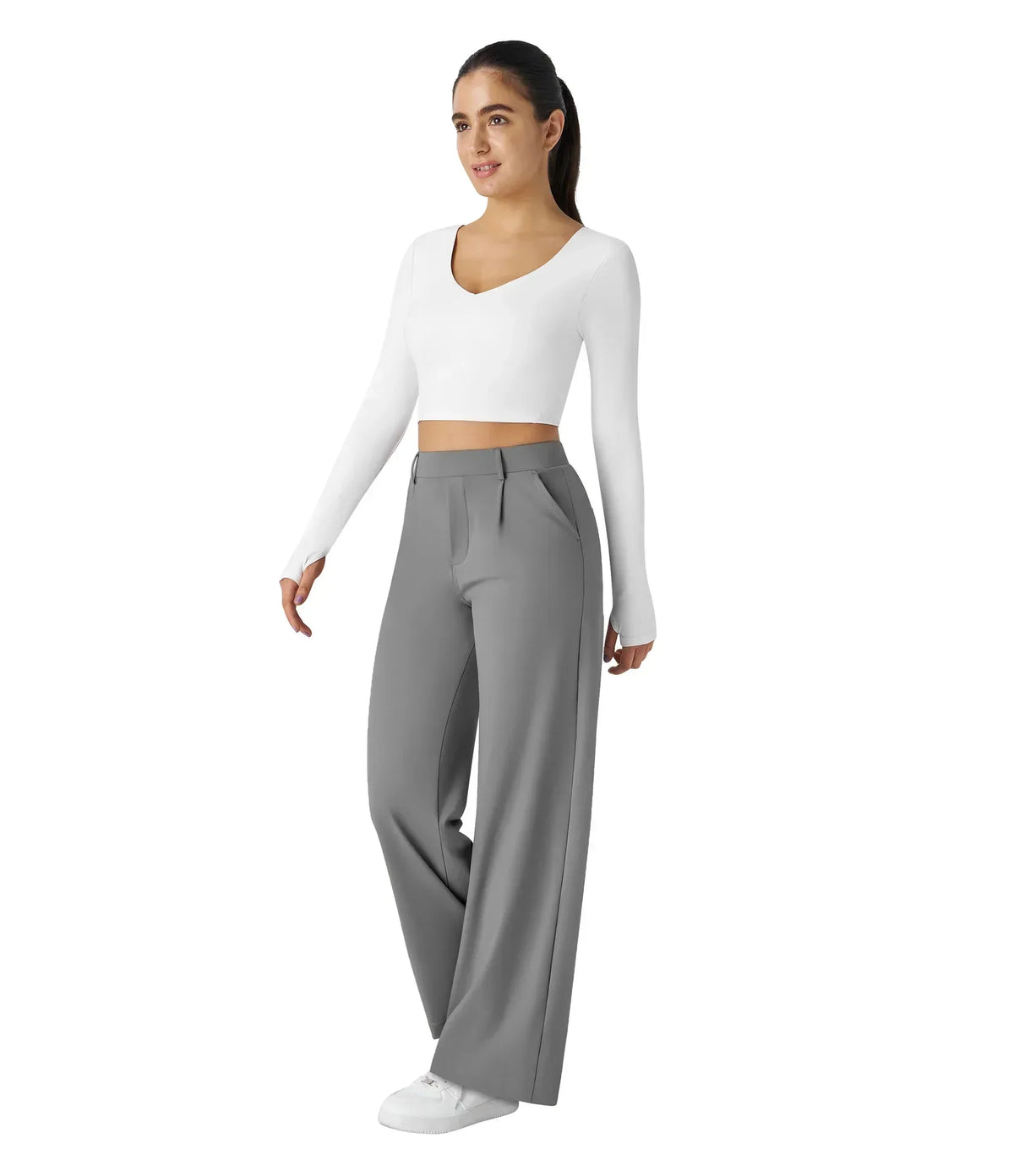 Womens Straight Leg Pants with Elastic Waistband and Side Pockets in High Stretch Nylon