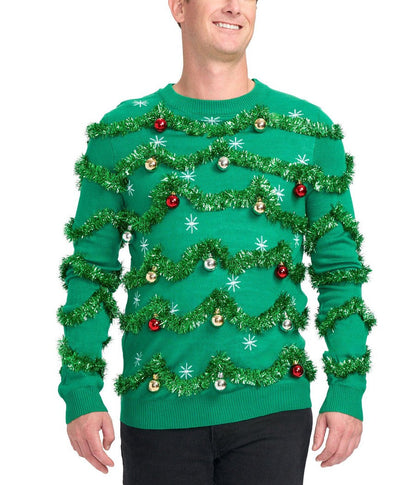 Mens Green Christmas Tree Sweater Covered in Garland, Baubles, and Tinsel Trim