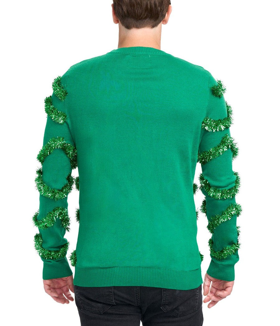 Mens Green Christmas Tree Sweater Covered in Garland, Baubles, and Tinsel Trim
