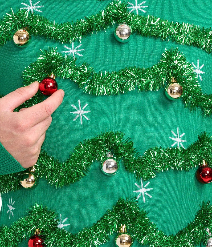 Mens Green Christmas Tree Sweater Covered in Garland, Baubles, and Tinsel Trim