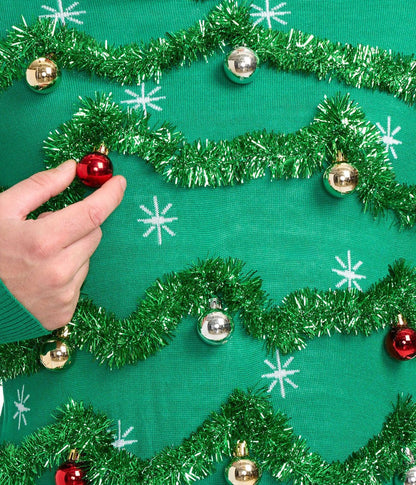 Mens Green Christmas Tree Sweater Covered in Garland, Baubles, and Tinsel Trim