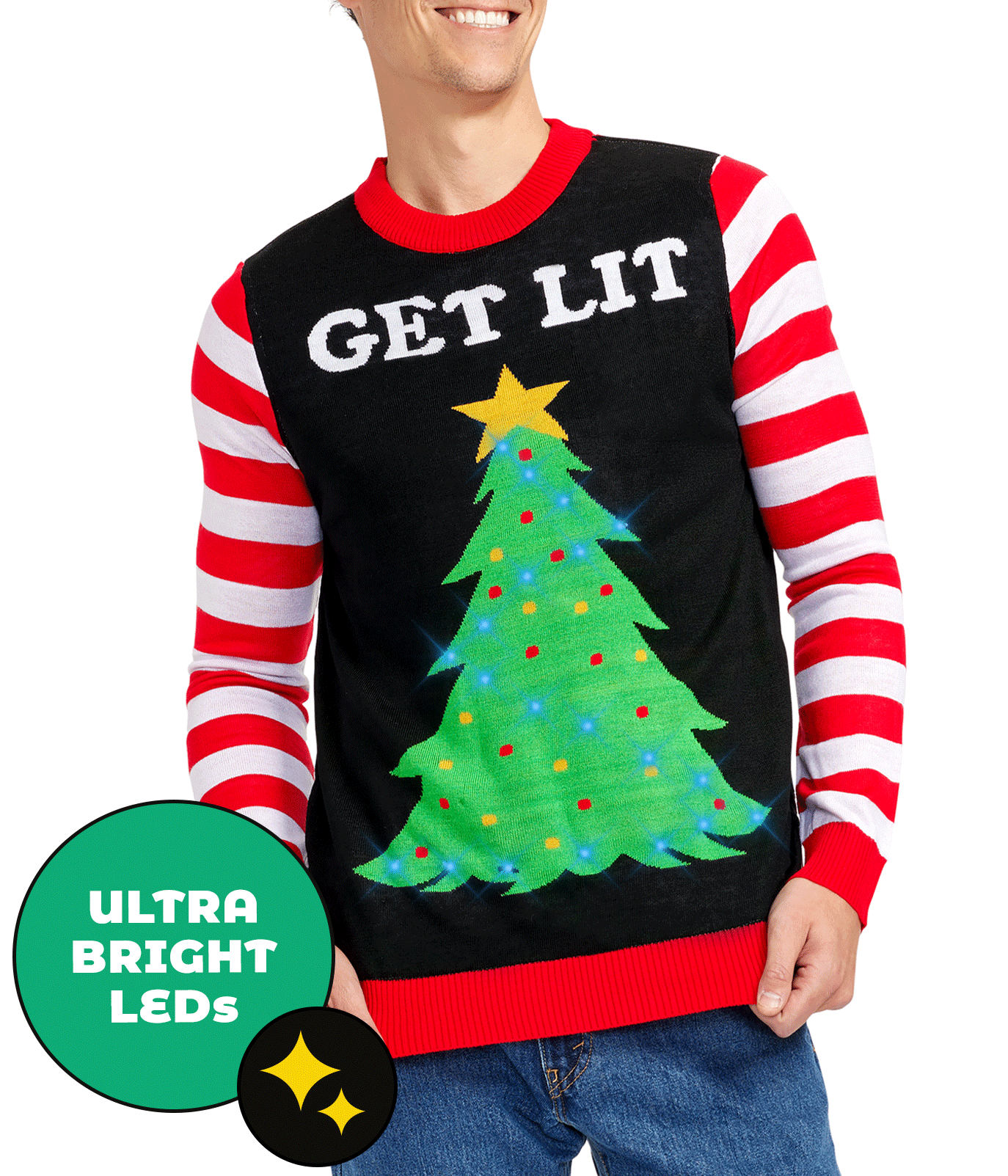 Mens Get Lit Christmas Tree Sweater with LED Lights, Candy Cane Sleeves, and Battery Pack