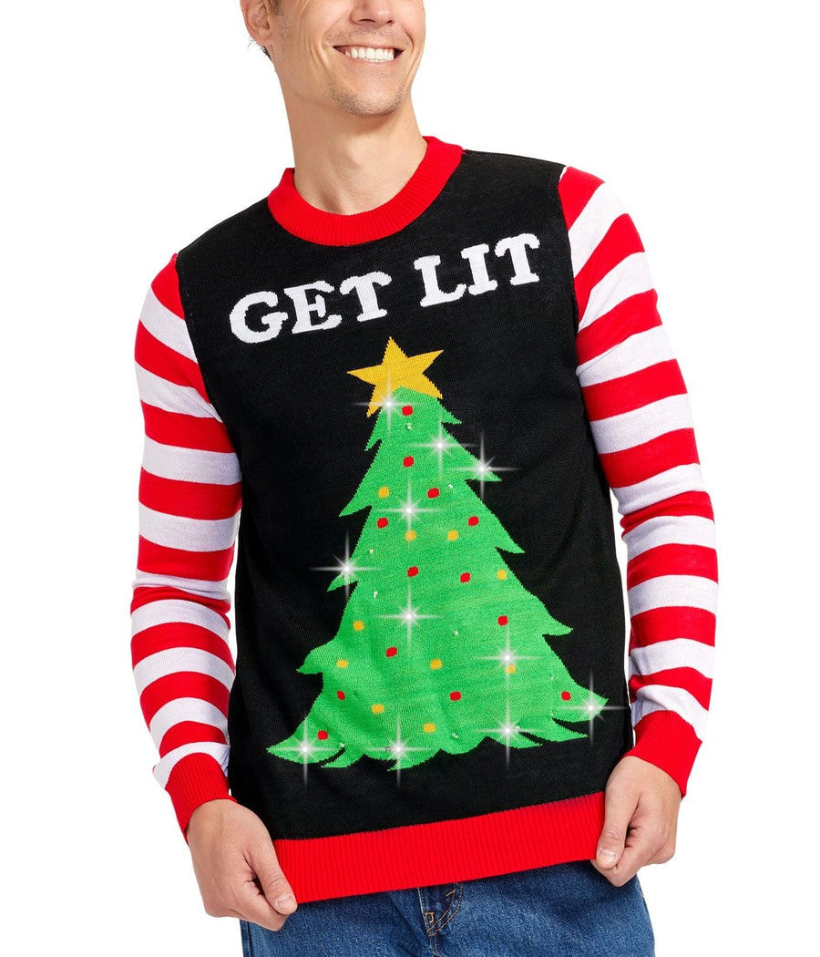Mens Get Lit Christmas Tree Sweater with LED Lights, Candy Cane Sleeves, and Battery Pack