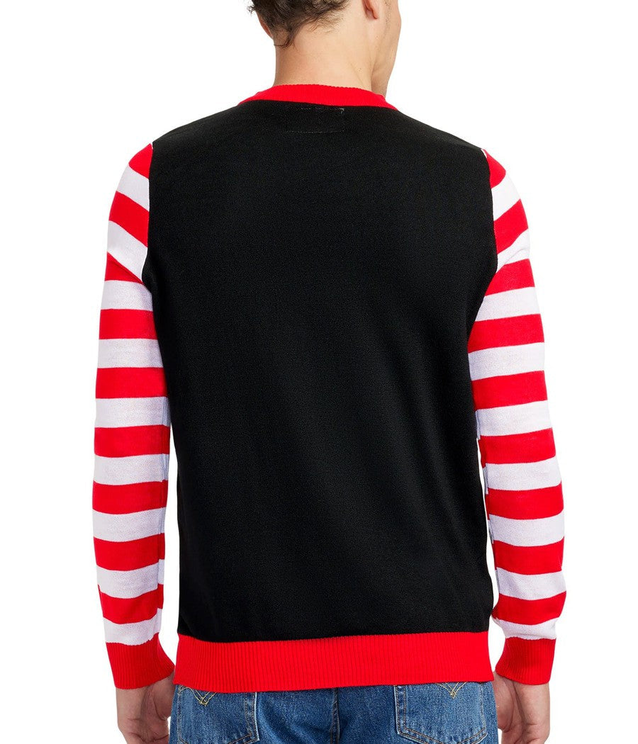Mens Get Lit Christmas Tree Sweater with LED Lights, Candy Cane Sleeves, and Battery Pack