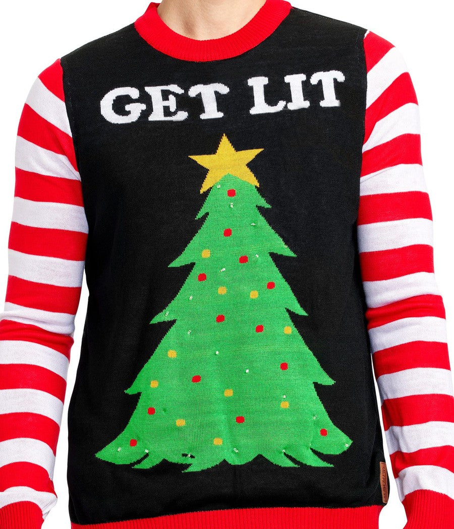 Mens Get Lit Christmas Tree Sweater with LED Lights, Candy Cane Sleeves, and Battery Pack