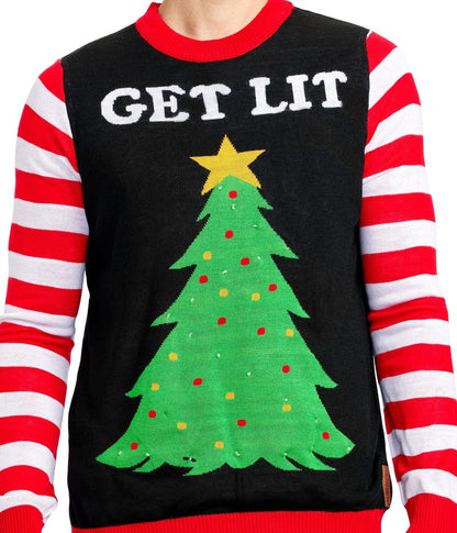 Mens Get Lit Christmas Tree Sweater with LED Lights, Candy Cane Sleeves, and Battery Pack