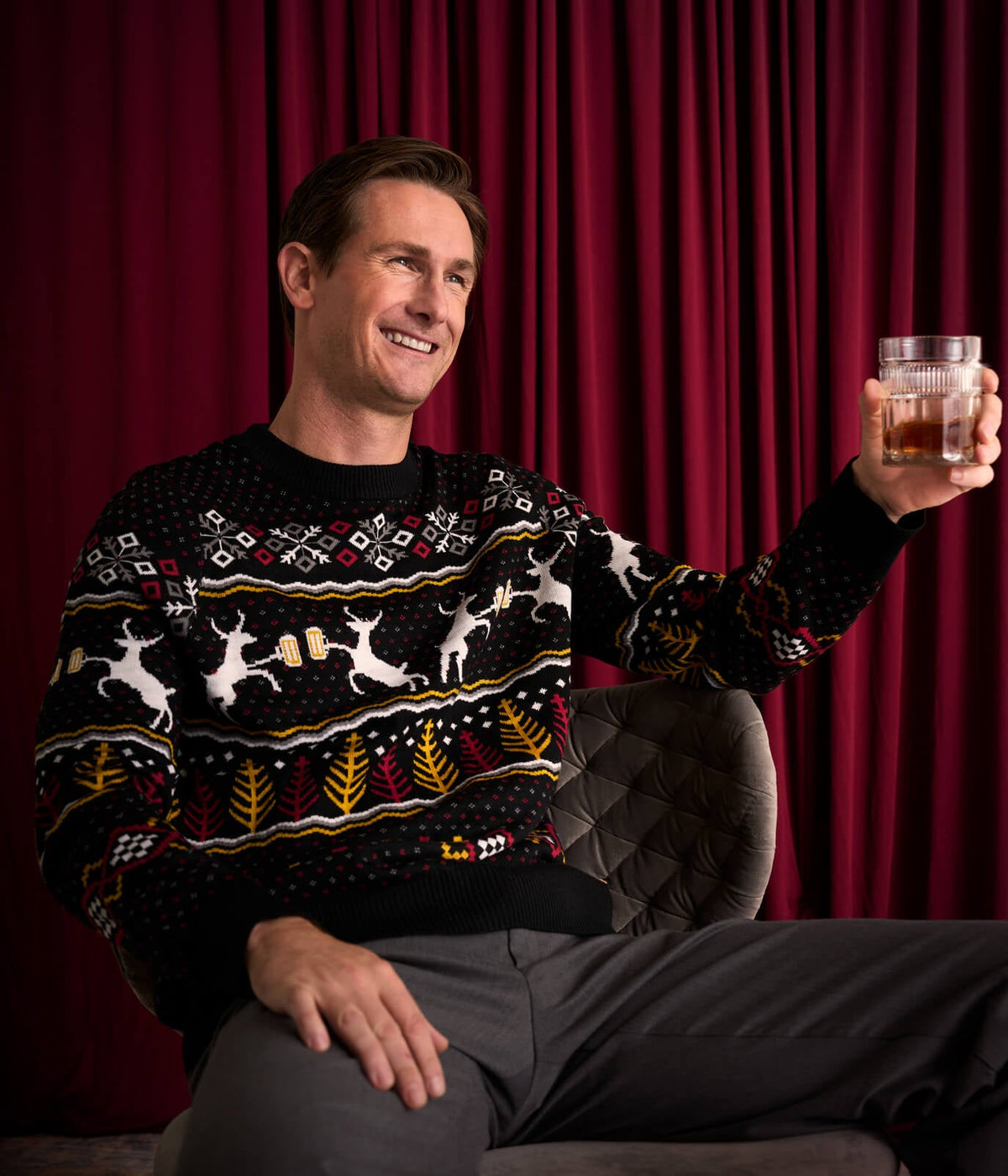 Mens Retro Christmas Sweater with Reindeer Toasting Beer Mugs, Trees, and Snowflakes