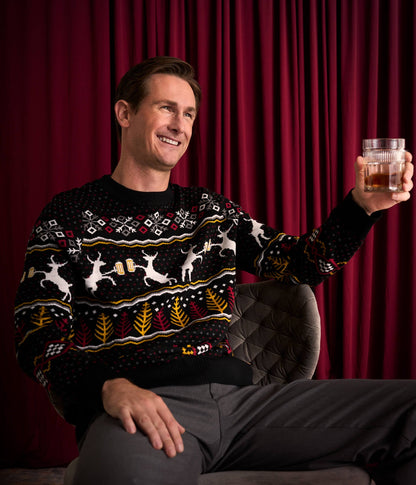 Mens Retro Christmas Sweater with Reindeer Toasting Beer Mugs, Trees, and Snowflakes