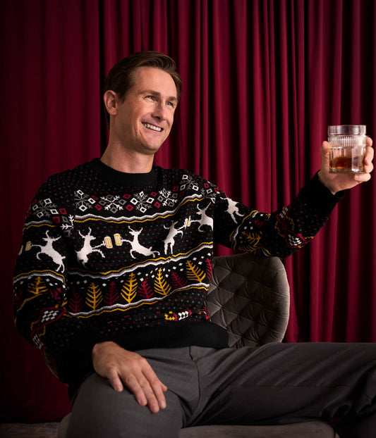 Mens Retro Christmas Sweater with Reindeer Toasting Beer Mugs, Trees, and Snowflakes
