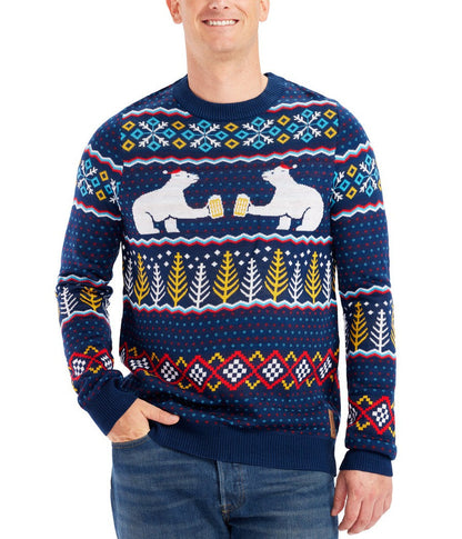 Mens Fair Isle Christmas Sweater with Polar Bears in Santa Hats Raising a Toast