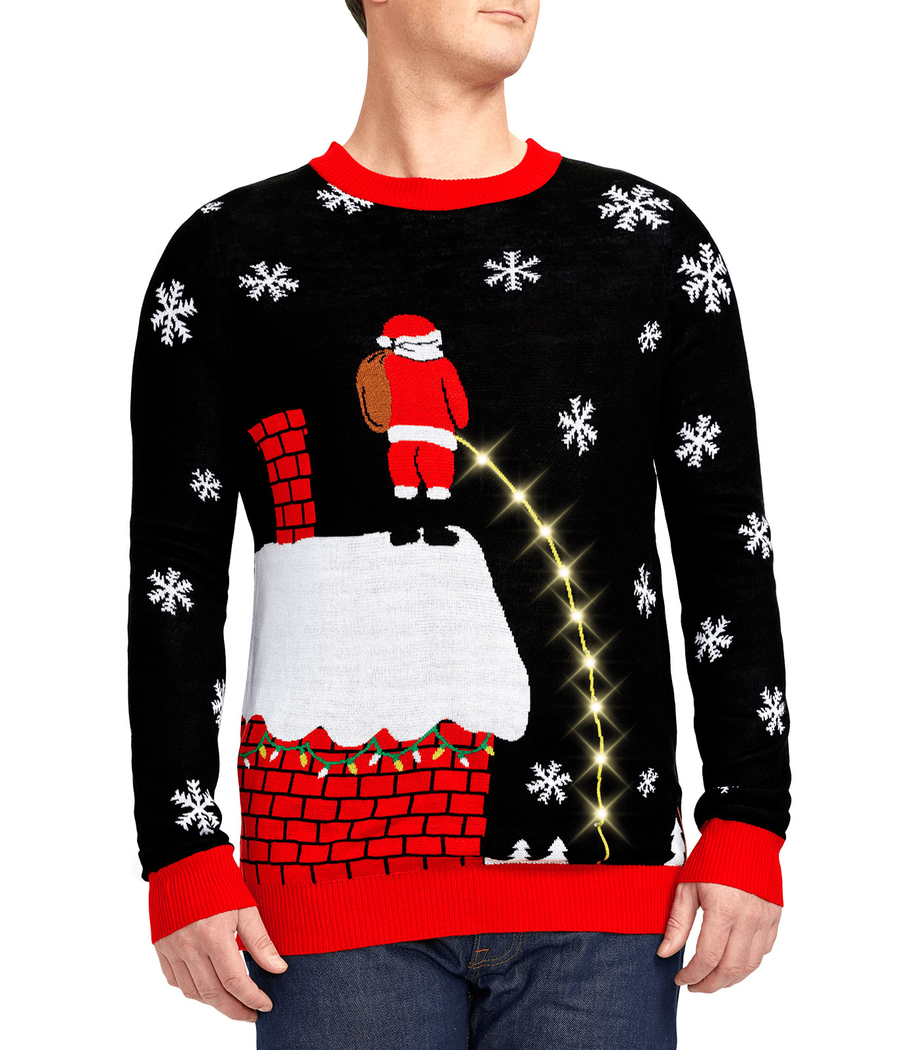 Mens Black Christmas Sweater with Cheeky Santa Graphic and Glowing Light Up Stream